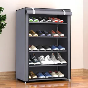Kuber Industries Shoe Rack|Non-Woven 4 Shelves Shelf|Foldable Storage Rack Organizer for Shoe, Books-Pack of 5 (Grey)