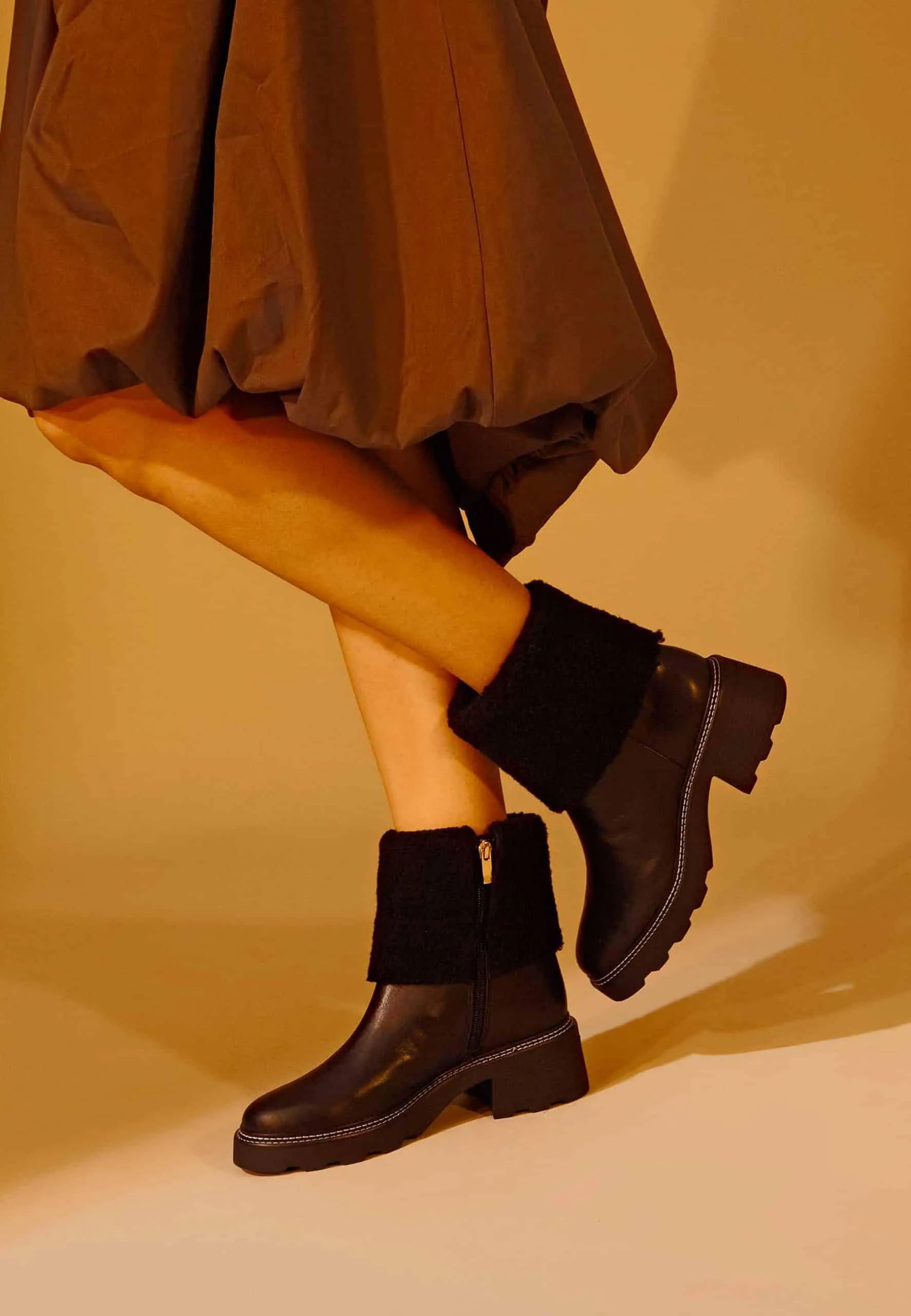 Ladies Black Ankle Boots with Stylish Shearling Detail