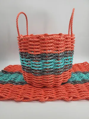 Lobster Rope Mat and Basket matching set Coral Orange and Teal with Gray accents