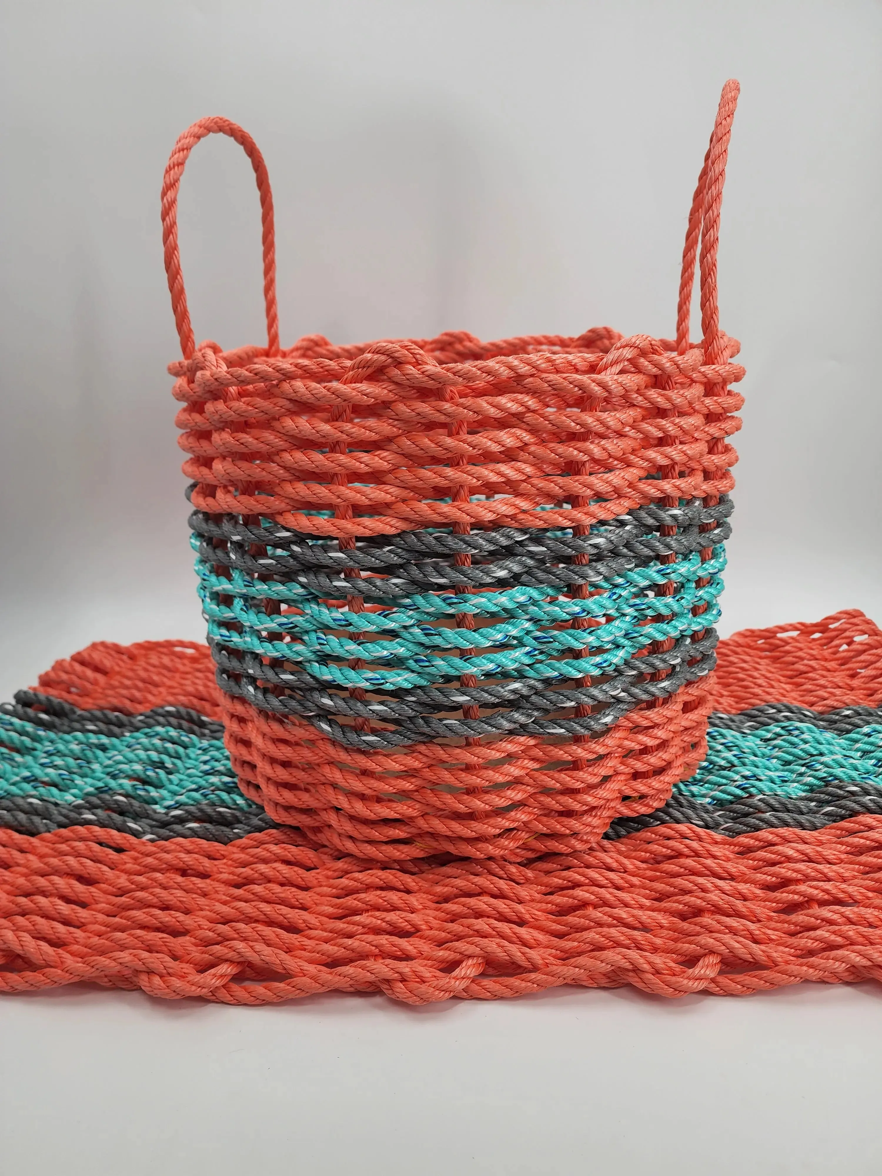 Lobster Rope Mat and Basket matching set Coral Orange and Teal with Gray accents