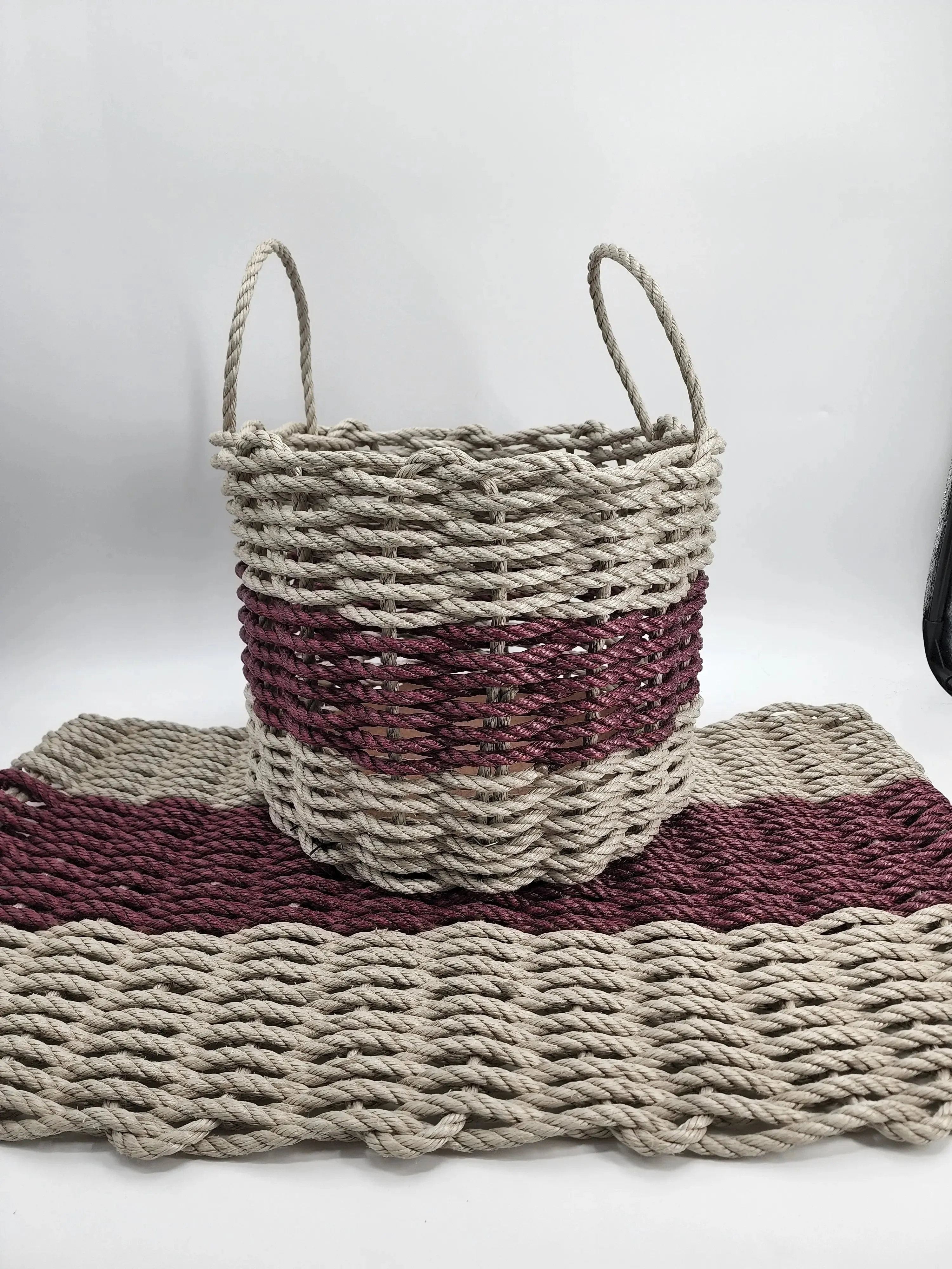 Lobster Rope Mat and Basket matching set Tan and Burgundy