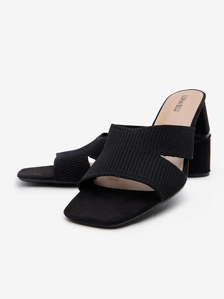 LUNA BLU Black Ribbed-Textured Block Heel Sandals