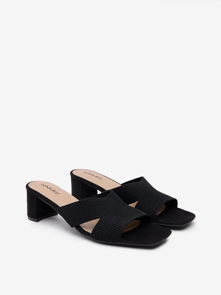 LUNA BLU Black Ribbed-Textured Block Heel Sandals
