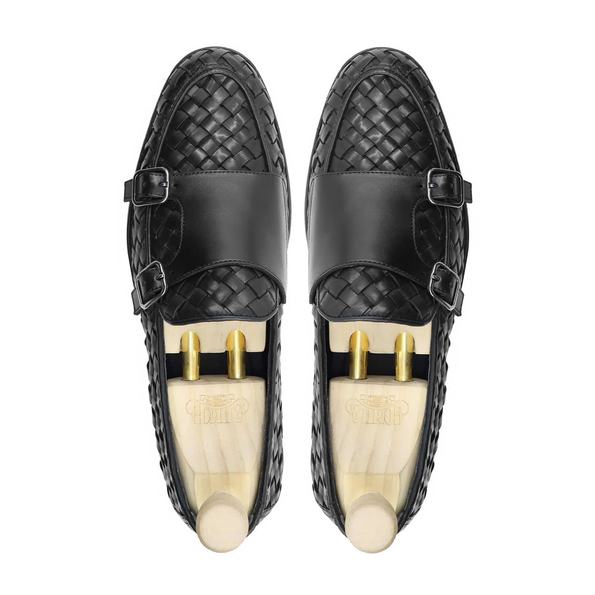 Malite - Men's Black Calf and Hand Woven Calf Leather Double Monkstrap