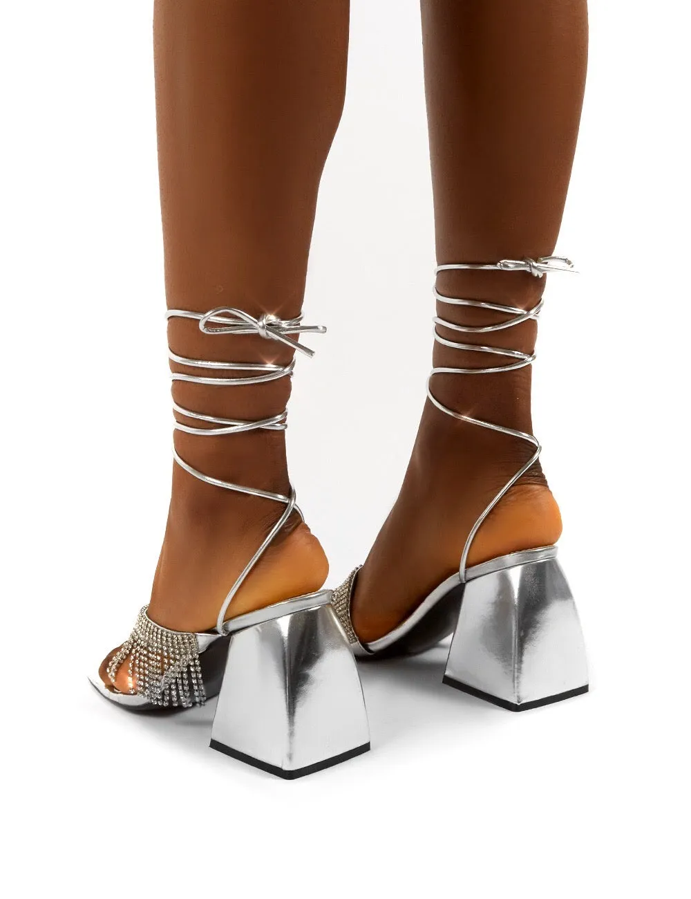 Peri Silver Lace Up Diamante Fringe Detail Toe Loop Chunky Heel