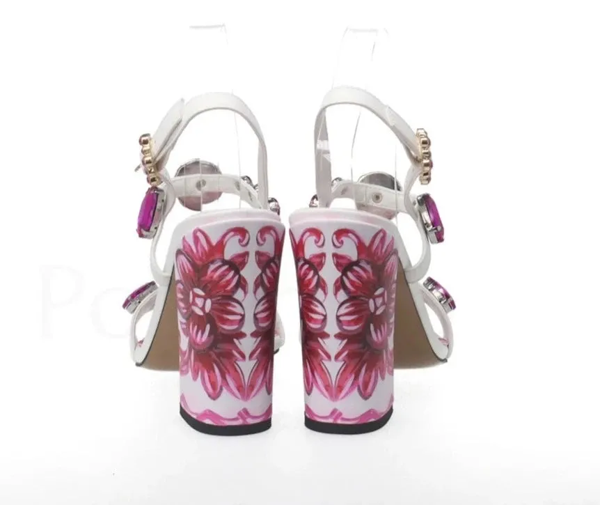 Porcelain Print Embellished Chunky Heel Sandals