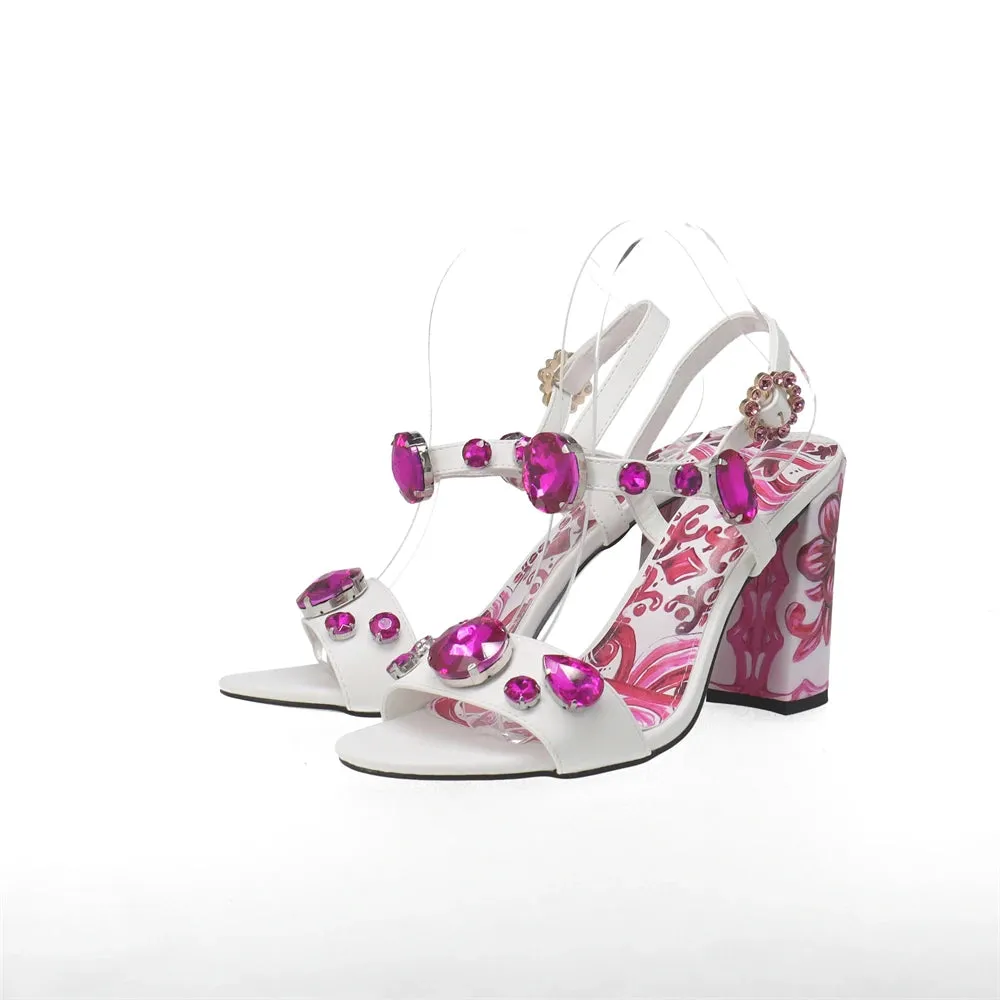 Porcelain Print Embellished Chunky Heel Sandals