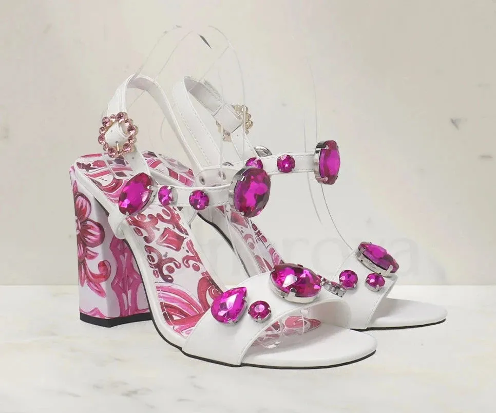 Porcelain Print Embellished Chunky Heel Sandals