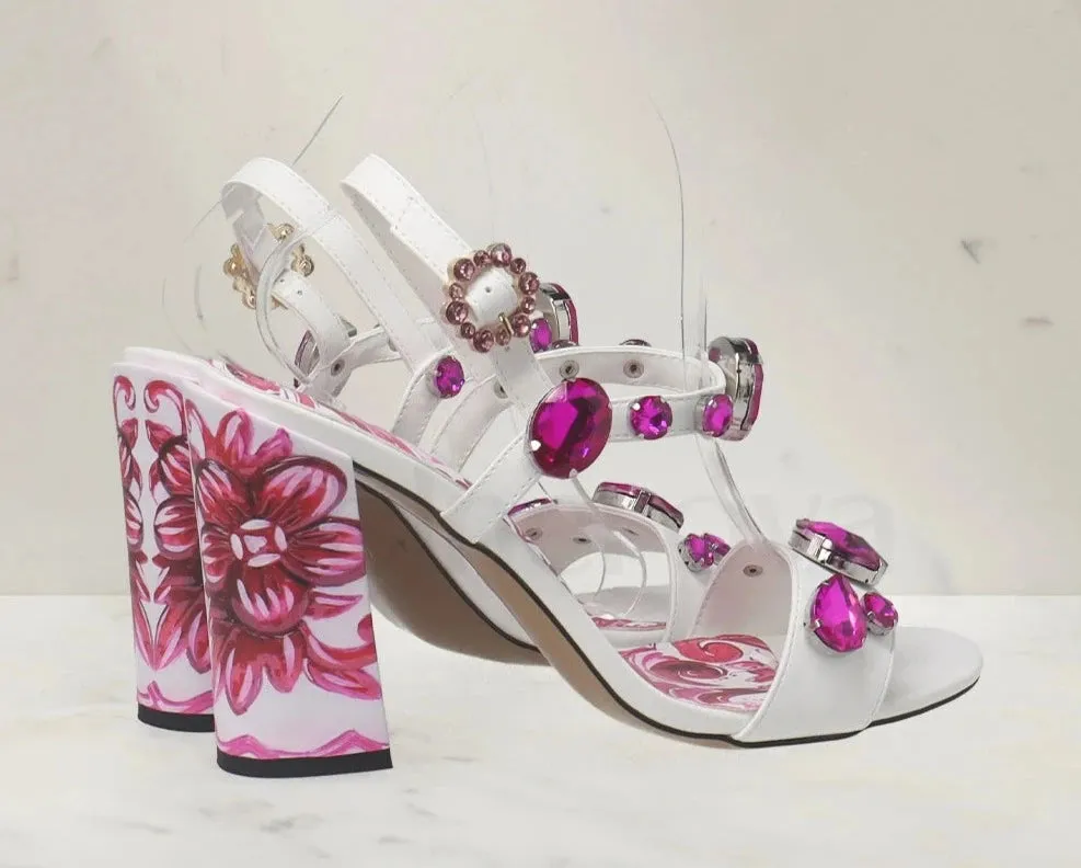 Porcelain Print Embellished Chunky Heel Sandals