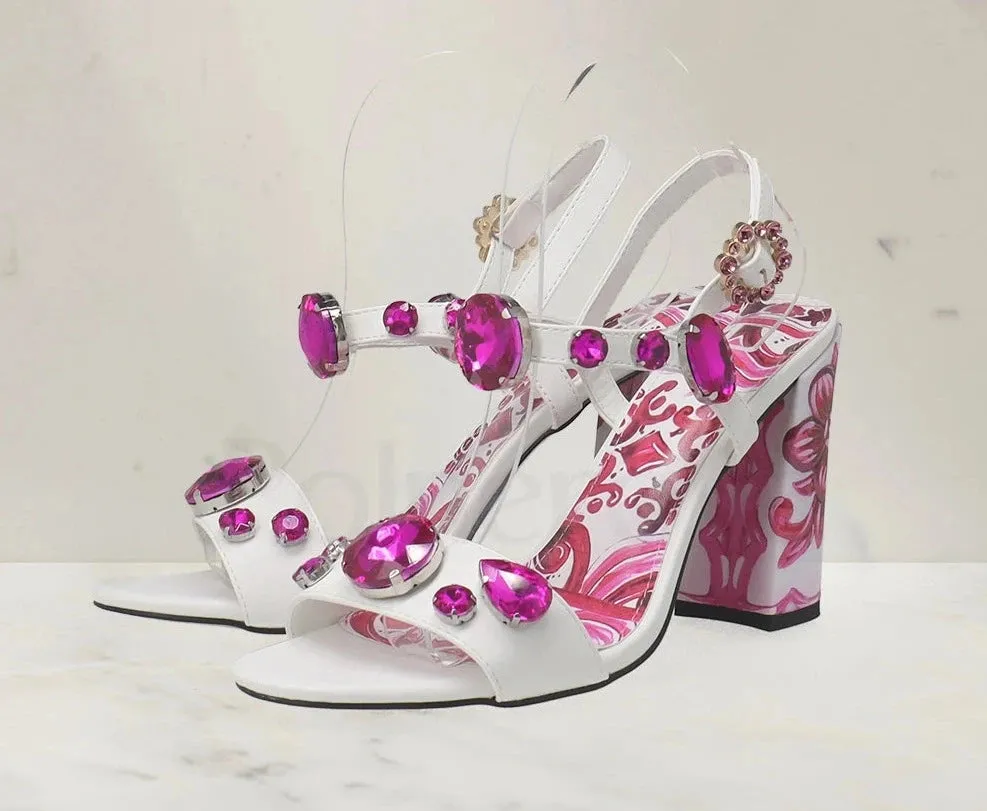 Porcelain Print Embellished Chunky Heel Sandals