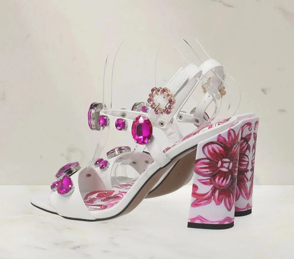 Porcelain Print Embellished Chunky Heel Sandals