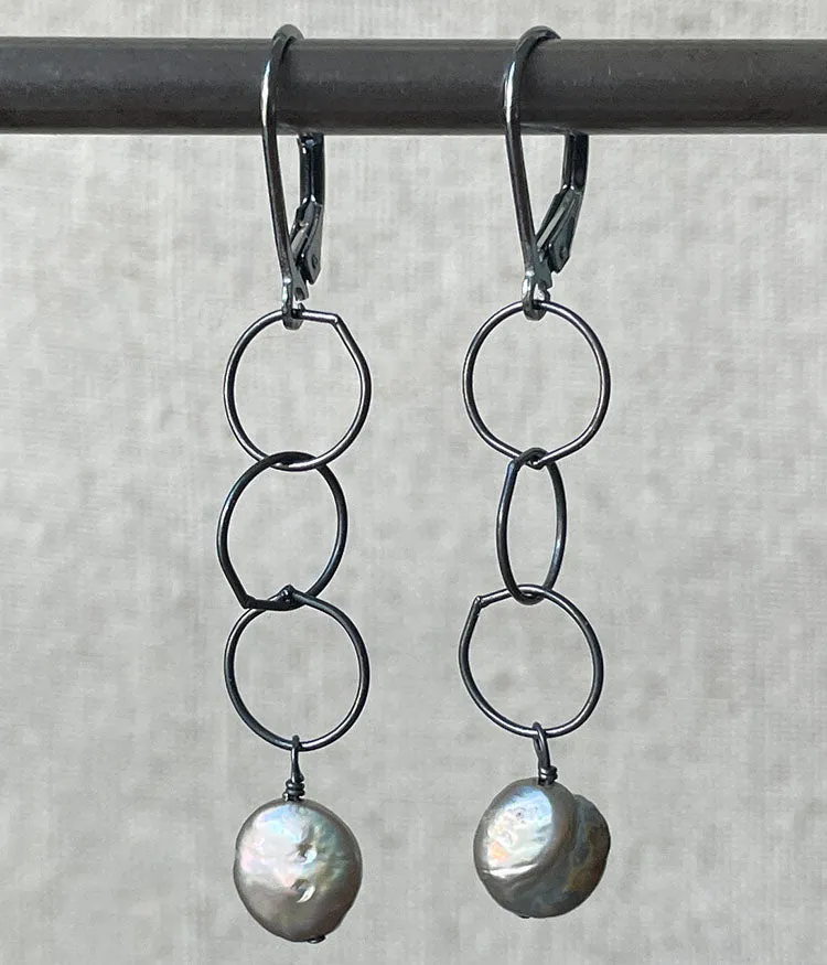 Reflective Pewter Pearl Drop Earrings