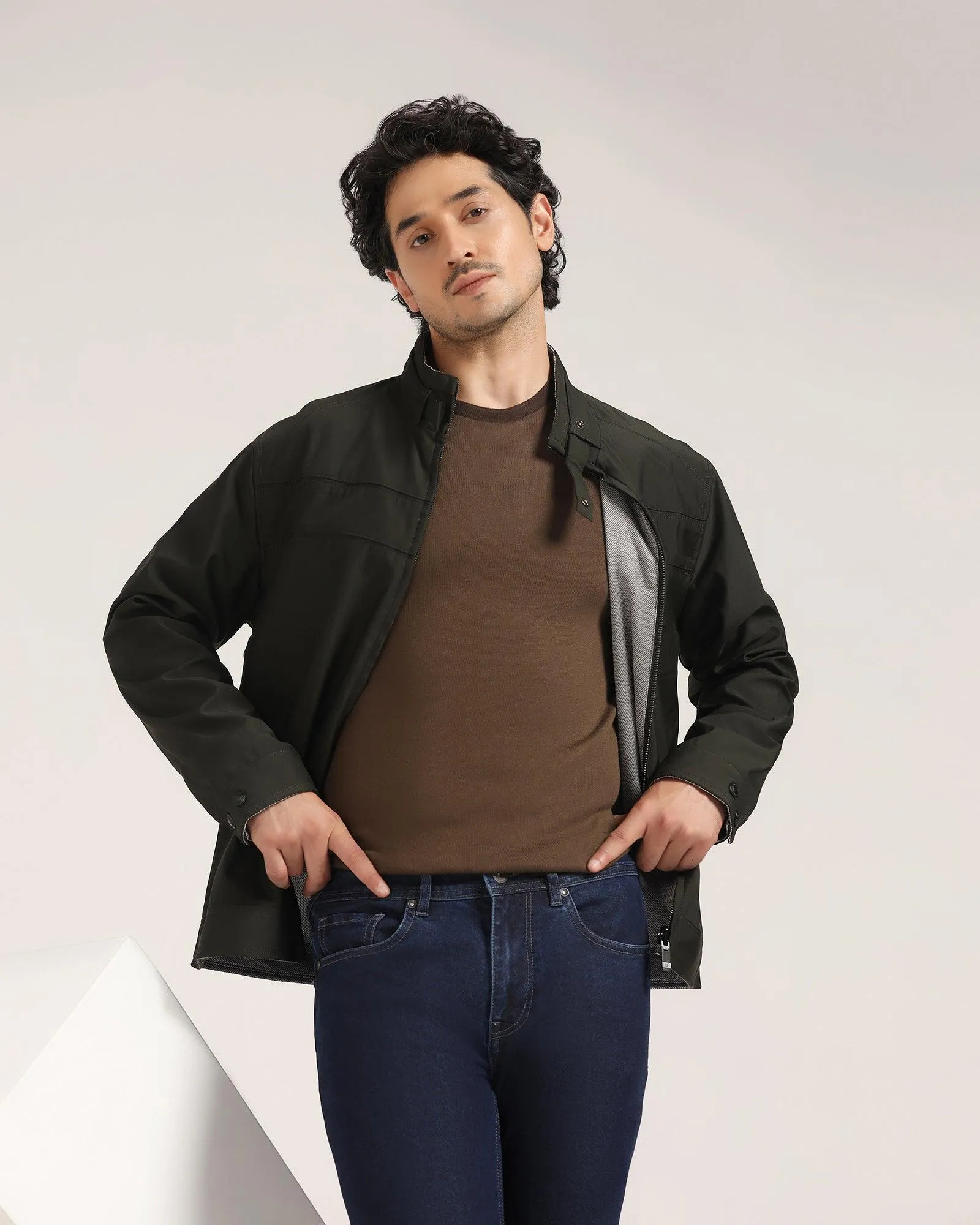 Reversible Olive Solid Zipper Jacket - Levin