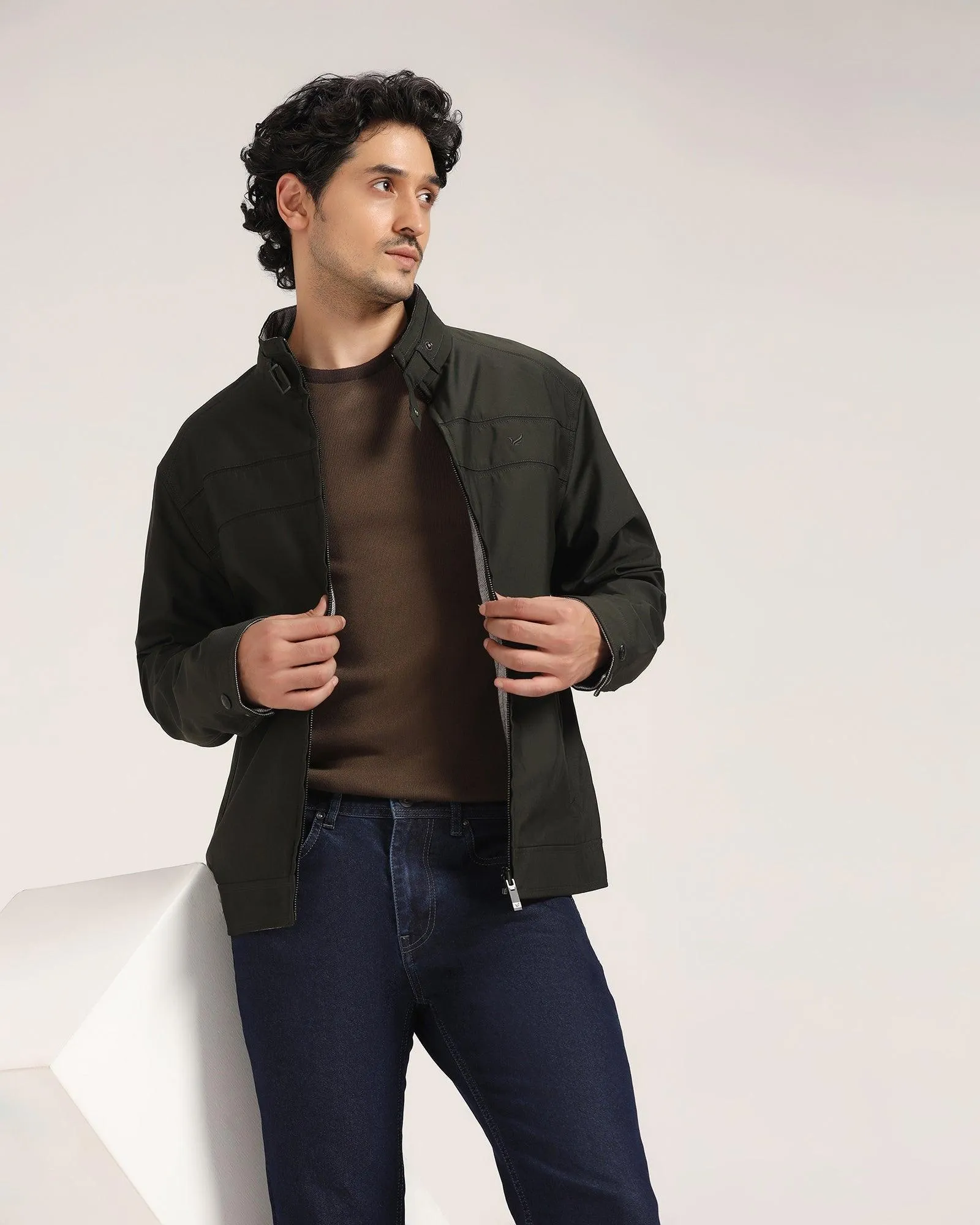 Reversible Olive Solid Zipper Jacket - Levin