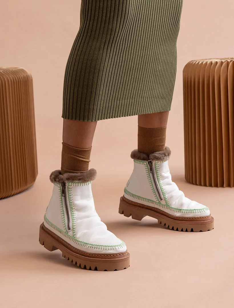 Setsu 3.0. Crochet Ankle Boot White Leather Sage