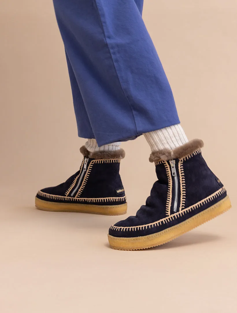 Setsu Crochet Ankle Boot Navy Suede Beige