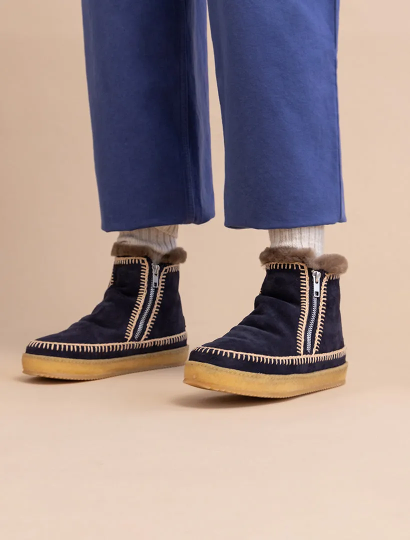 Setsu Crochet Ankle Boot Navy Suede Beige