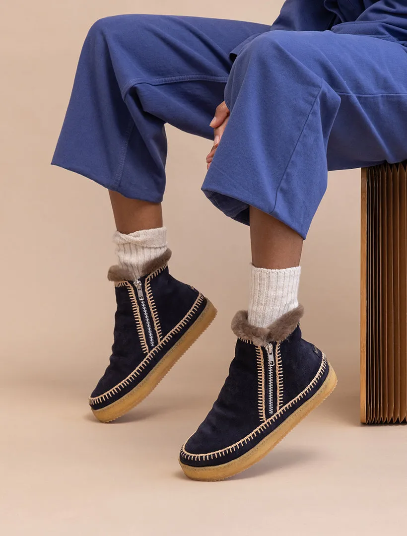 Setsu Crochet Ankle Boot Navy Suede Beige