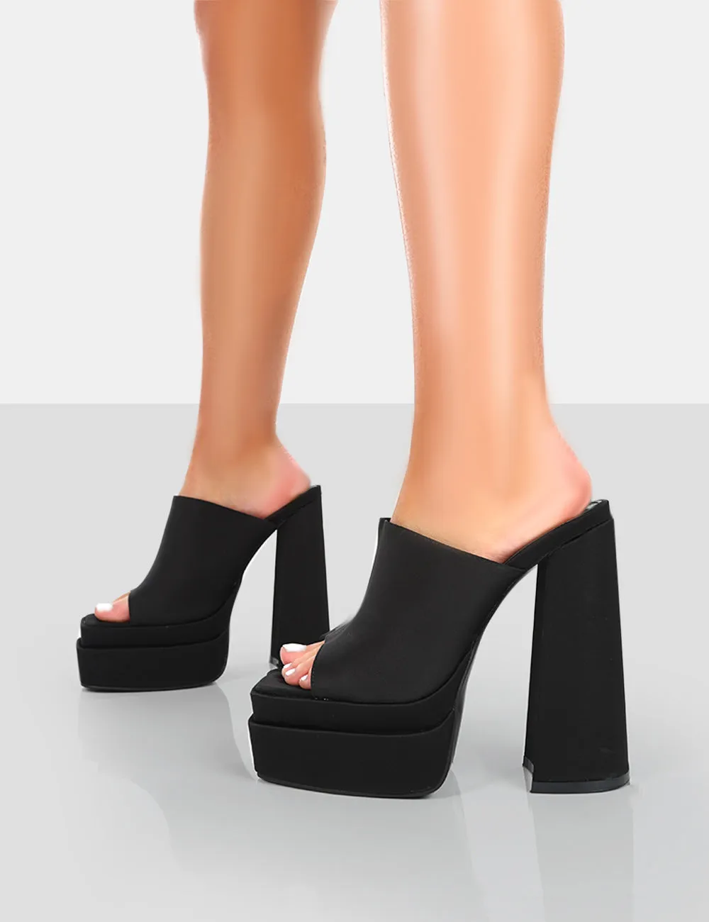 Skyhigh Black Satin Chunky Platform High Heeled Mules