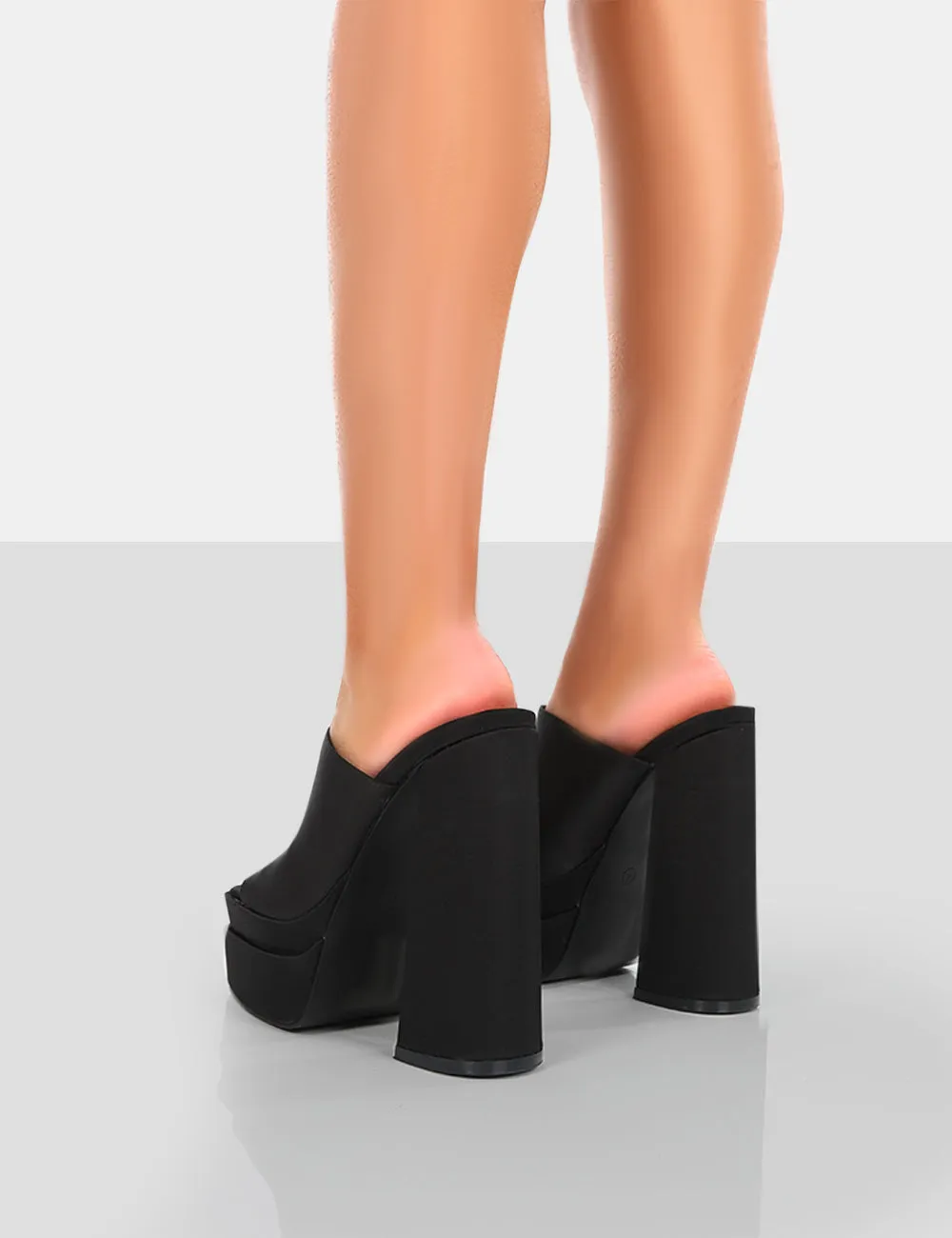 Skyhigh Black Satin Chunky Platform High Heeled Mules