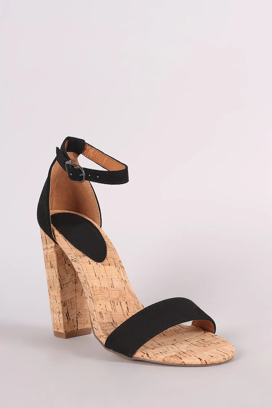 Suede Ankle Strap Open Toe Chunky Cork Heel