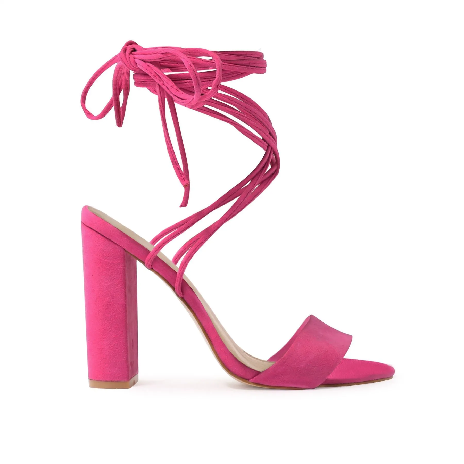 Suzu Strappy Block Heels in Pink Faux Suede