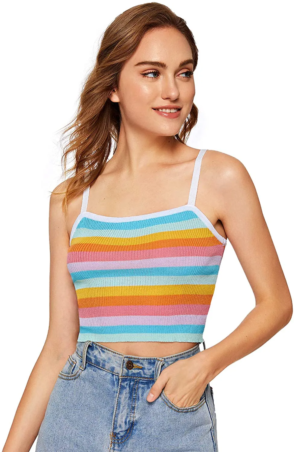 SweatyRocks Women's Sexy Strappy Crop Top Striped Print Ribbed Knit Cami Top