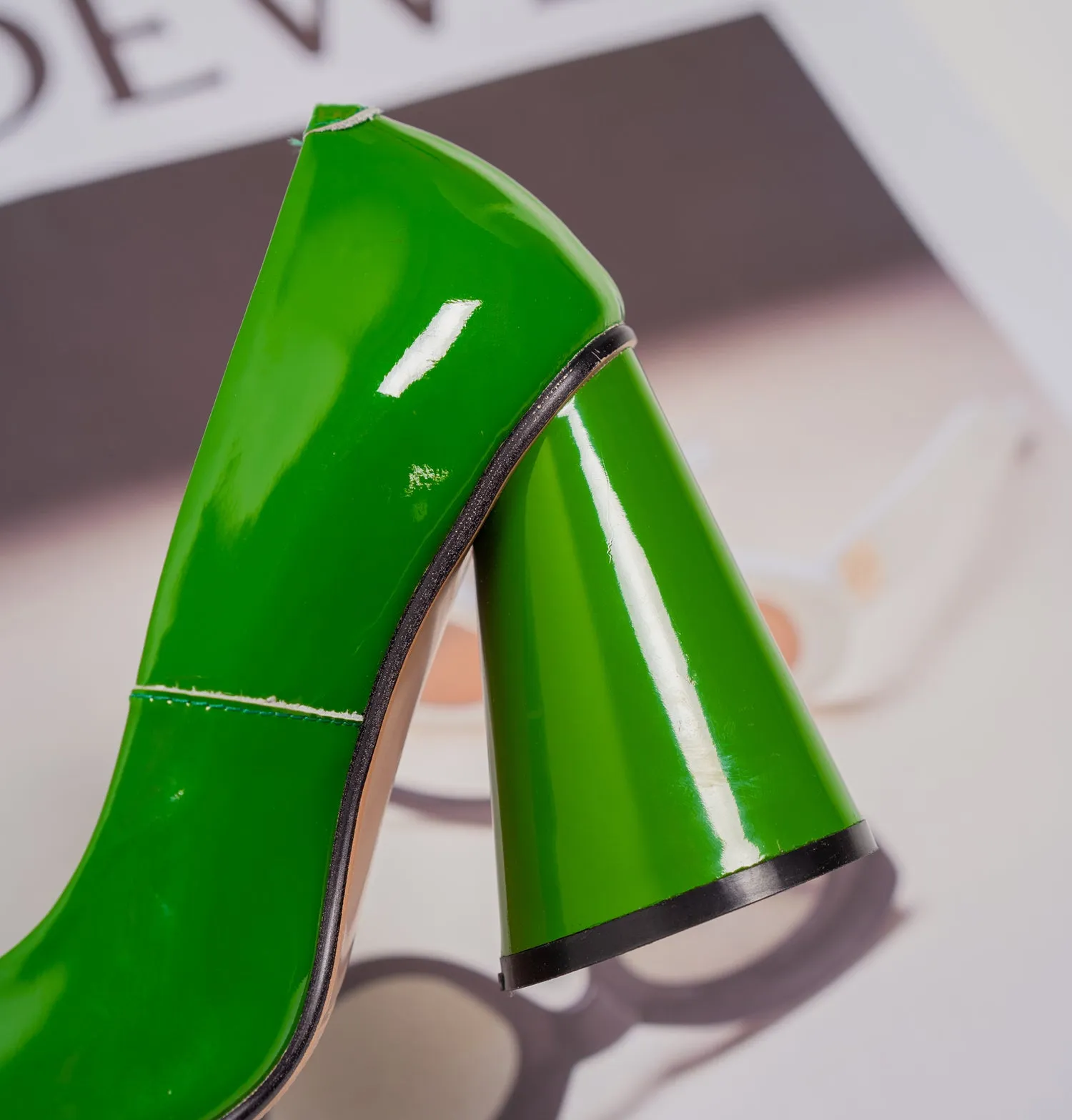 TinaCus Handmade Women's Patent Leather Slip On Round Toe High Cone Heel Pumps Shoes