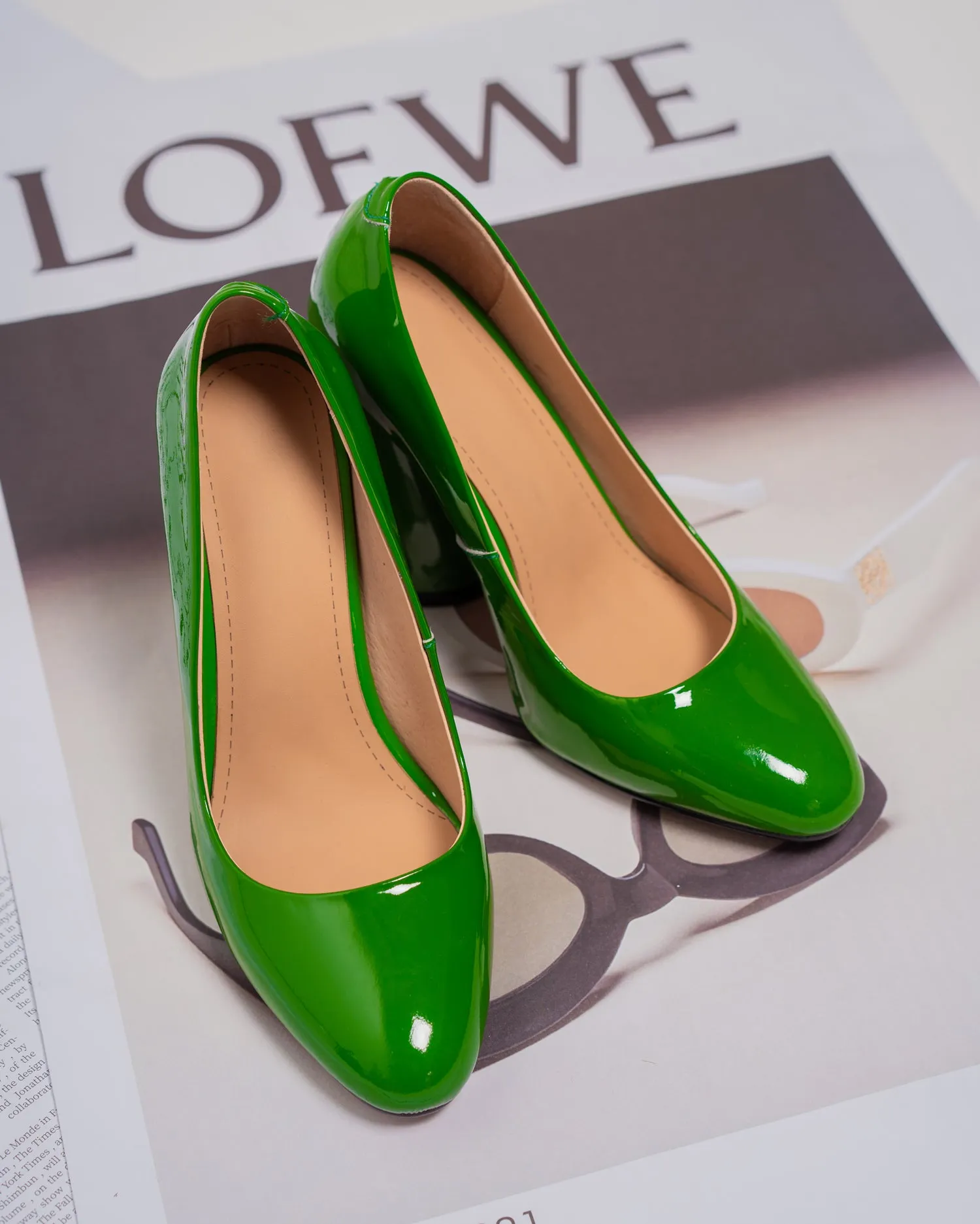 TinaCus Handmade Women's Patent Leather Slip On Round Toe High Cone Heel Pumps Shoes