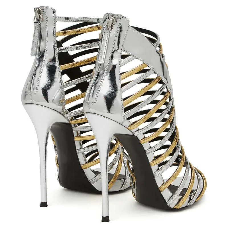 Women's Gold & Silver Roman High-Heeled Sandals with Thin Wrap Straps and Open Toe