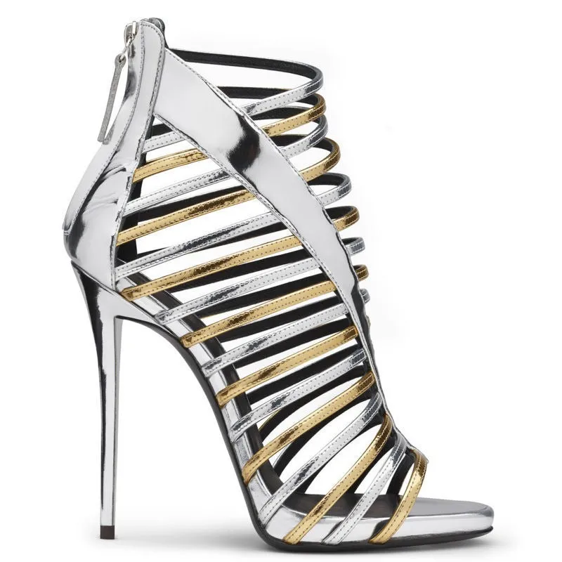 Women's Gold & Silver Roman High-Heeled Sandals with Thin Wrap Straps and Open Toe