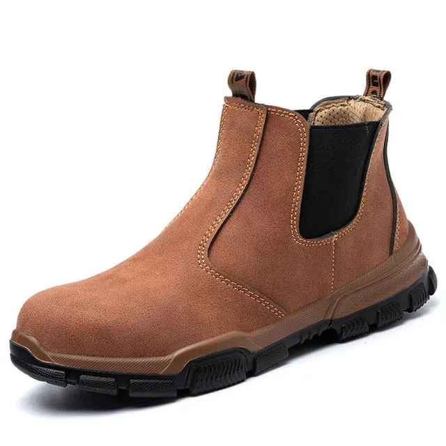 Yeknu Leather Work & Safety Boots Men Chelsea Boots Indestructible Male Work Shoes Men Winter Boots Safety Shoes Men Steel Toe Shoes